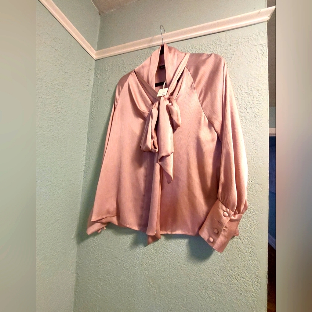 Inc dusty pink tie neck shiny blouse.